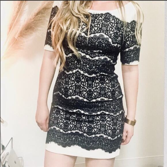BCBG MaxAzria Cream White Black Short Sleeve Lace Overlay Petite Mini Dress 6 - Picture 1 of 7